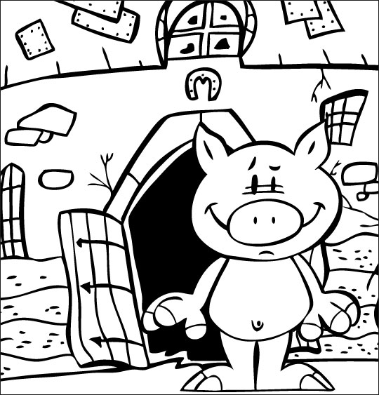 Coloriage Chanson Bébé cochon, Bébé cochon tout nu devant la ferme