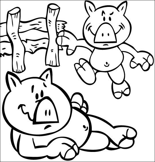 Coloriage pour enfants. Coloriage Bébé cochon, Deux bébés cochons dans la cour de la ferme, catégorie Chanson pour enfants Bébé cochon