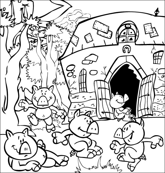 Coloriage pour enfants. Coloriage Bébé cochon, les bébés cochons dansent devant la ferme, thème Arbres