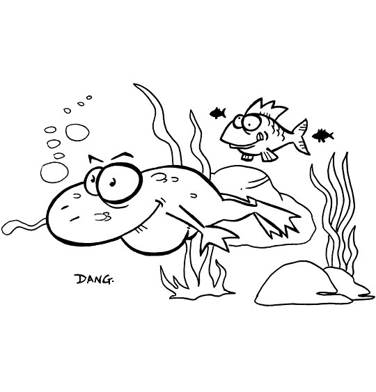 Coloriage pour enfants. Coloriage Berlingot le crapaud, Berlingot nage sous l'eau, thème Poisson