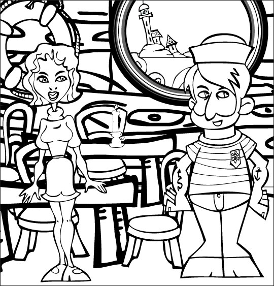 Coloriage pour enfants. Coloriage Brave Marin, le marin arrive dans le bar, thème Hommes