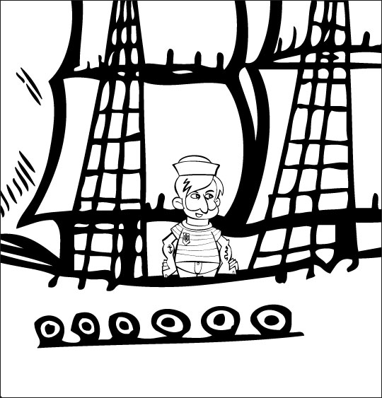 Coloriage pour enfants. Coloriage Brave Marin, le marin est sur son bateau, catégorie Chanson pour enfants Brave Marin