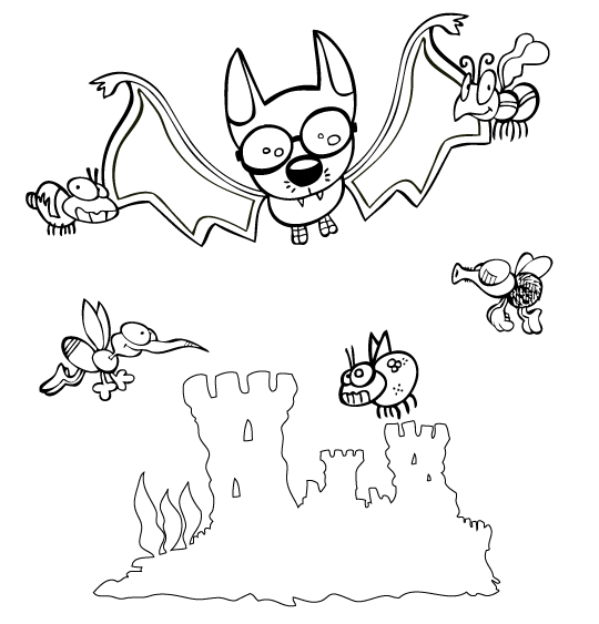 Coloriage pour enfants. Coloriage Chauve-souris, chauve-souris chasse les insectes, thème Moustique