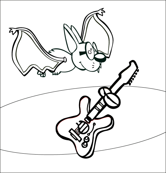 Coloriage pour enfants. Coloriage Chauve-souris, chauve-souris et la guitare dans le ciel, thème Chauve-souris