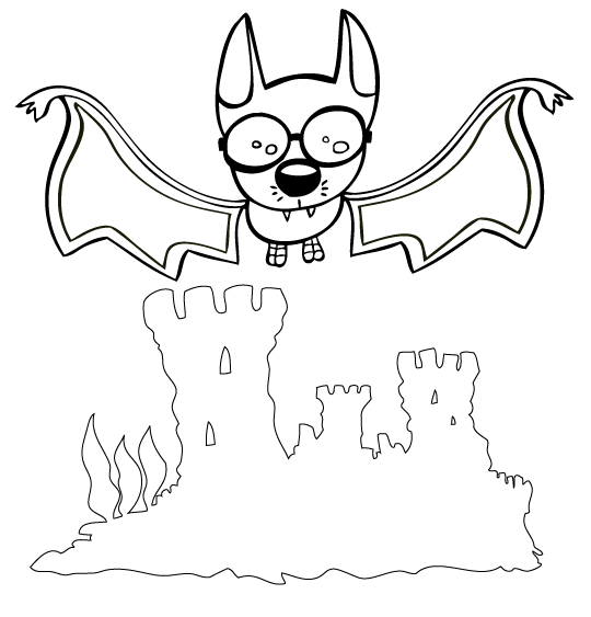 Coloriage pour enfants. Coloriage Chauve-souris, chauve-souris plane au-dessus du château, thème Halloween