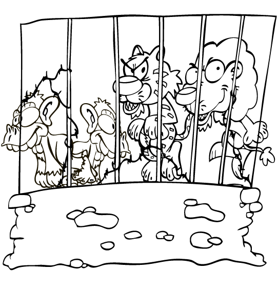 Coloriage pour enfants. Coloriage Chauve-souris, lion, tigre et singes en cage, thème Tigre