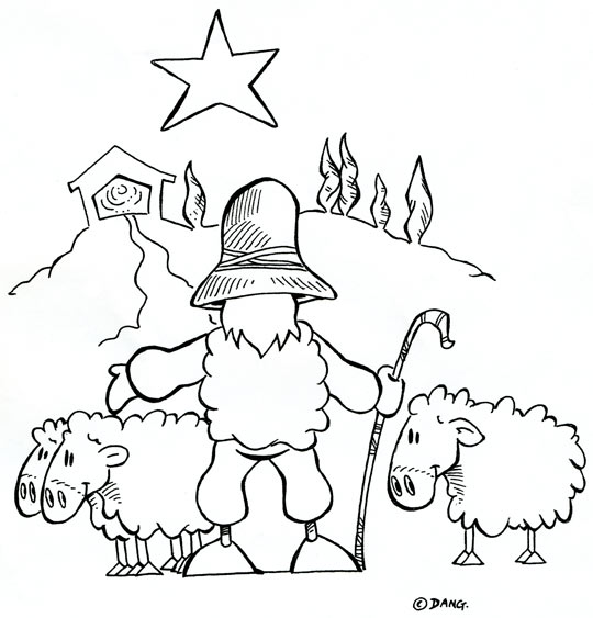 Coloriage pour enfants. Coloriage de Noël Douce Nuit, le berger rentre ses moutons, thème Noël