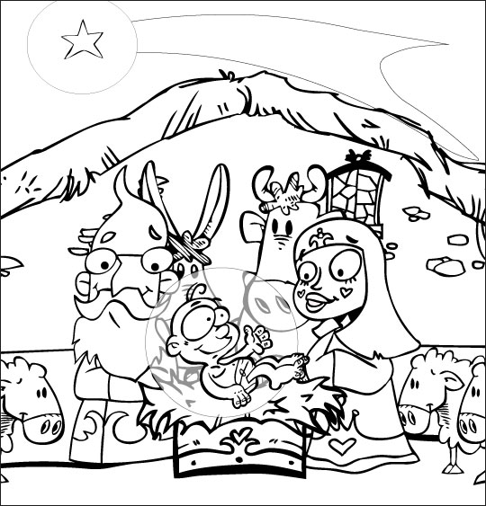 Coloriage pour enfants. Coloriage chanson de Noël Il est né le divin enfant dans la crèche, thème Etoiles