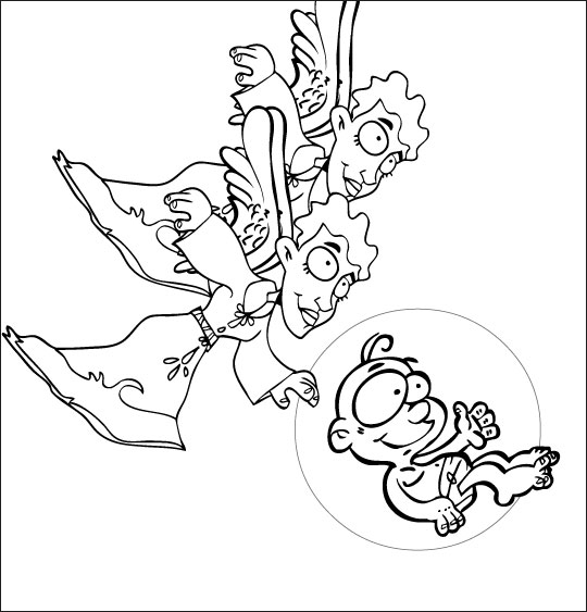 Coloriage pour enfants. Coloriage chanson de Noël Il est né le divin enfant, deux anges et Jésus, thème Ange