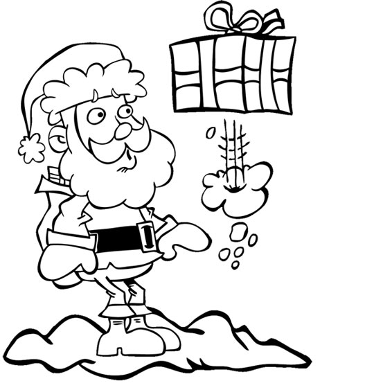 Coloriage pour enfants. Coloriage de Noël Jingle Bells Le père Noël  et le cadeau coquin, thème Cadeau