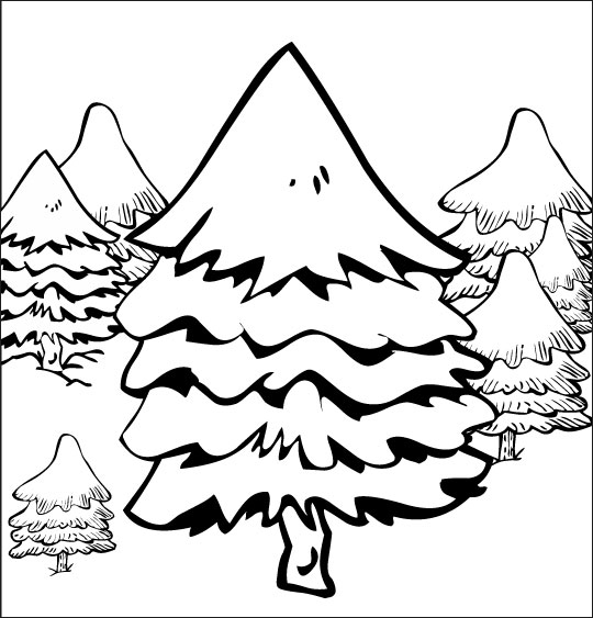 Coloriage pour enfants. Coloriage de Noël Mon beau sapin, le sapin au milieu de la forêt, thème Neige