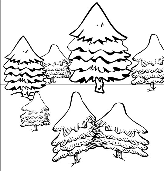 Coloriage pour enfants. Coloriage de Noël Mon beau sapin, sept sapins dans la neige, catégorie Chansons de Noël pour les enfants