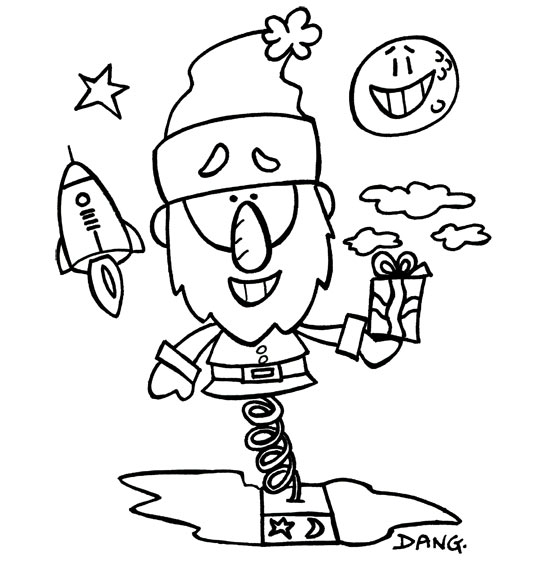 Coloriage pour enfants. Coloriage de Noël Petit Papa Noël sur ressort, thème Lune