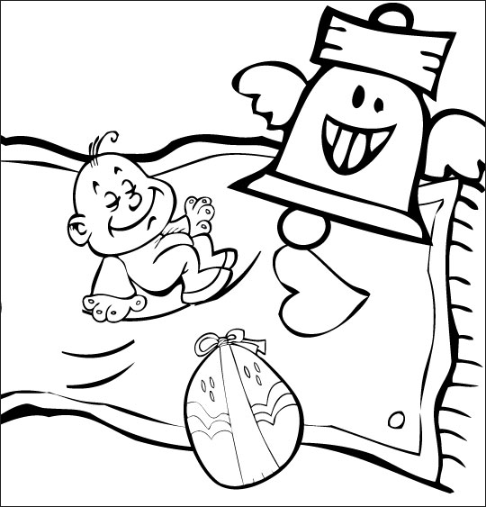 Coloriage pour enfants. Coloriage chanson Frère Jacques, le bébé Jacques dort sur un tapis volant, thème Cloche