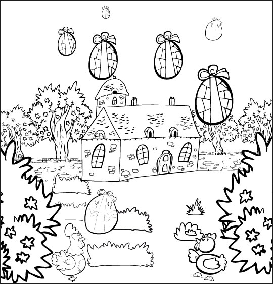 Coloriage pour enfants. Coloriage chanson Frère Jacques, les oeufs tombent dans le jardin, thème Maisons