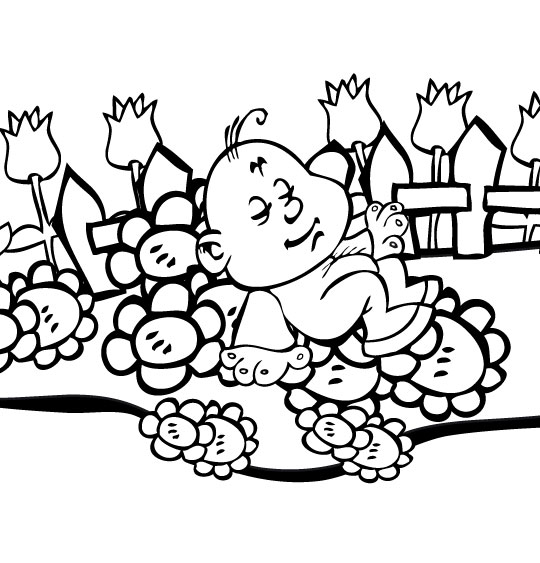 Coloriage pour enfants. Coloriage chanson Frère Jacques, petit frère dort dans le jardin, thème Bébés