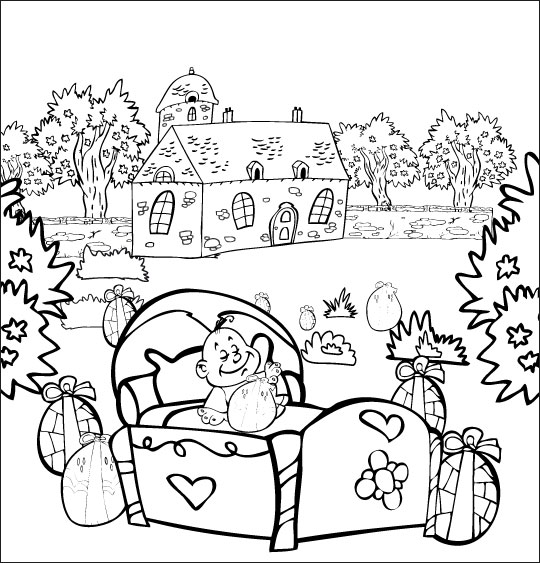 Coloriage pour enfants. Coloriage chanson Frère Jacques, petit frère dort dans un lit dans le jardin, thème Chocolats de Pâques