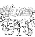 Coloriage Chanson Frère Jacques, petit frère dort dans un lit dans le jardin