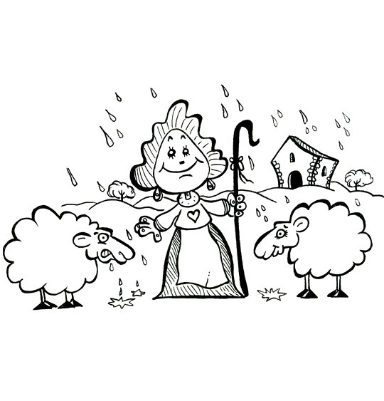 Coloriage pour enfants. Coloriage Il pleut Bergère, la bergère et deux moutons, thème Nuages