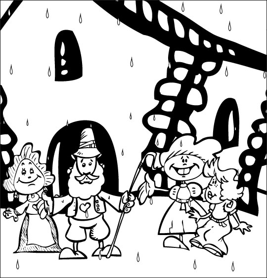 Coloriage pour enfants. Coloriage Il pleut Bergère, le berger et la bergère devant la chaumière, thème Maisons