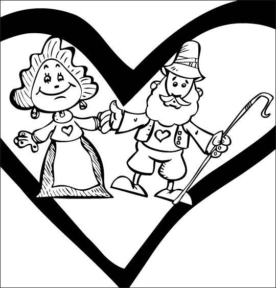 Coloriage pour enfants. Coloriage Il pleut Bergère, le berger et la bergère sont amoureux, thème Coeur