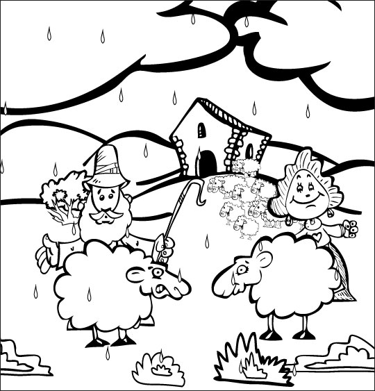 Coloriage pour enfants. Coloriage Il pleut Bergère, le berger, la bergère et deux moutons, thème Les métiers