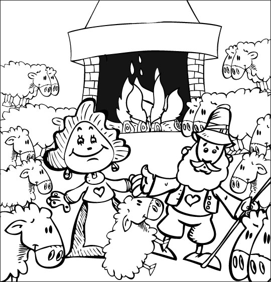 Coloriage pour enfants. Coloriage Il pleut Bergère, tous les moutons sont dans la bergerie, thème Mouton