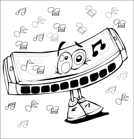 Coloriage pour enfants. Coloriage La Fleur de toutes les Couleurs, l'harmonica, thème Note de musique