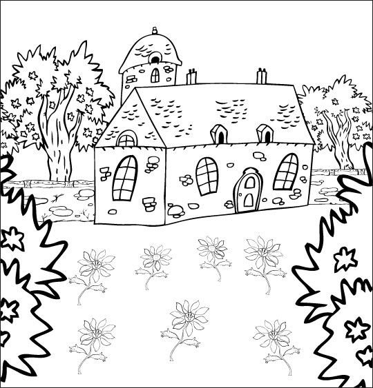 Coloriage pour enfants. Coloriage La Fleur de toutes les Couleurs, la maison du bonheur, thème Fleurs