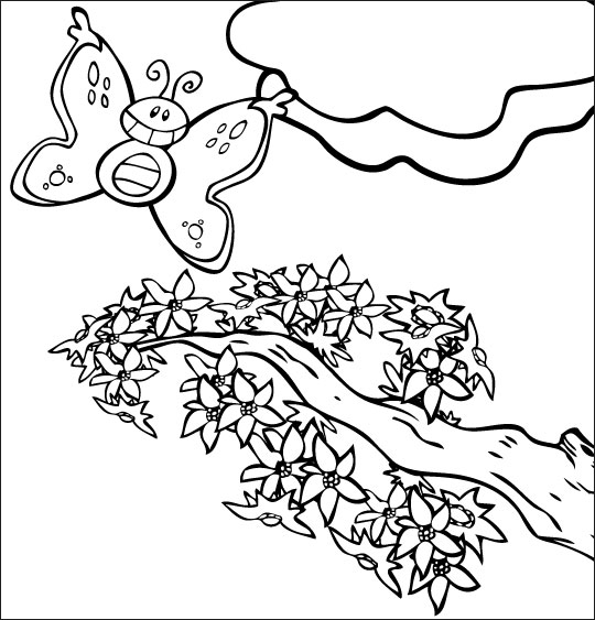 Coloriage pour enfants. Coloriage La Fleur de toutes les Couleurs, le papillon, thème Plantes