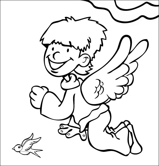 Coloriage pour enfants. Coloriage La Fleur de toutes les Couleurs, un ange et une hirondelle, catégorie Chanson fête des mères La Fleur de toutes les Couleurs 