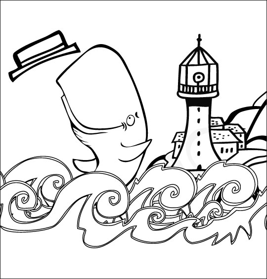 Coloriage pour enfants. Coloriage chanson La Java du Cachalot, Jo joue près du phare, thème Cachalot