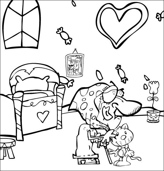 Coloriage pour enfants. Coloriage La mère Michel qui caresse son chat dans la chambre, thème Femmes