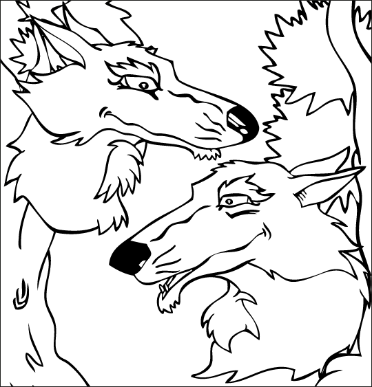 Coloriage pour enfants. Coloriage La Valse des Loups, deux têtes de loup, thème Loups