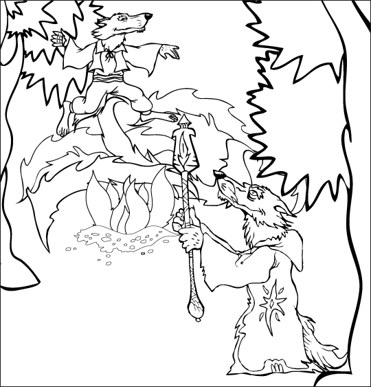 Coloriage Chanson La Valse des Loups, le loup danseur et le vieux loup