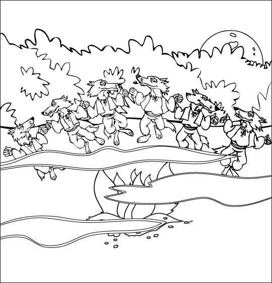 Coloriage pour enfants. Coloriage La Valse des Loups, les loups dansent en cercle, thème Forêt