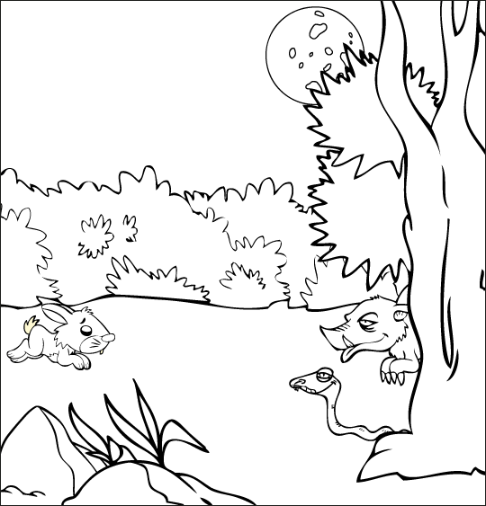 Coloriage pour enfants. Coloriage La Valse des Loups, sanglier, lapin et serpent, thème Lune