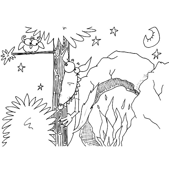 Coloriage pour enfants. Coloriage Le Loup Sympa, caché devant la caverne, thème Etoiles