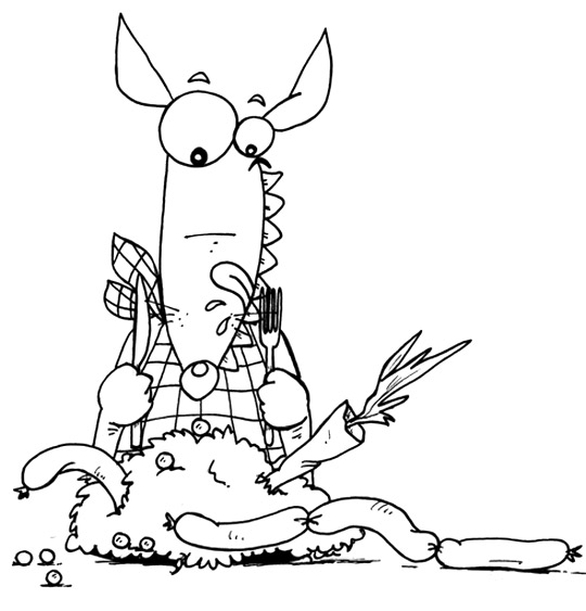 Coloriage pour enfants. Coloriage Le Loup Sympa, le loup mange une choucroute, thème Saucisse