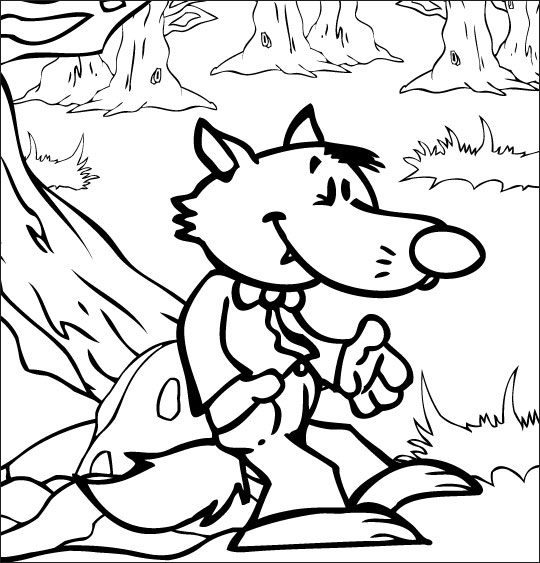Coloriage pour enfants. Coloriage Le Loup Sympa, petit loup dans la forêt, catégorie Chanson pour enfants Le Loup Sympa