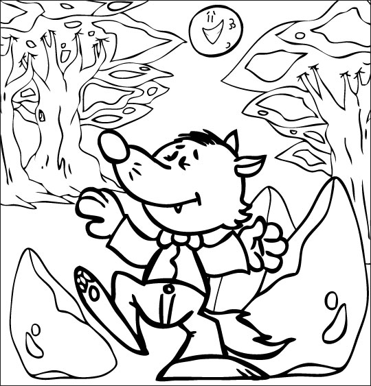 Coloriage pour enfants. Coloriage Le Loup Sympa, petit loup danse sous la lune, thème Arbres