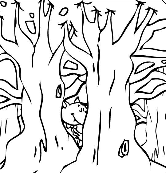 Coloriage pour enfants. Coloriage Le Loup Sympa, petit loup derrière les arbres, thème Arbres