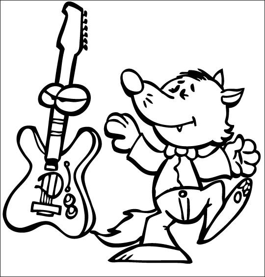 Coloriage pour enfants. Coloriage Le Loup Sympa, petit loup et la guitare électrique, thème Instruments de musique