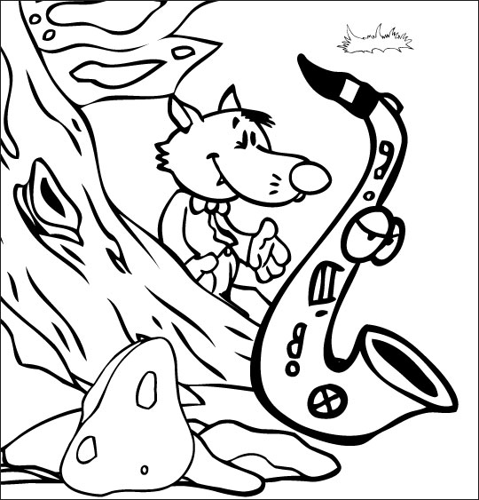 Coloriage pour enfants. Coloriage Le Loup Sympa, petit loup et le saxo dans la forêt, catégorie Chanson pour enfants Le Loup Sympa