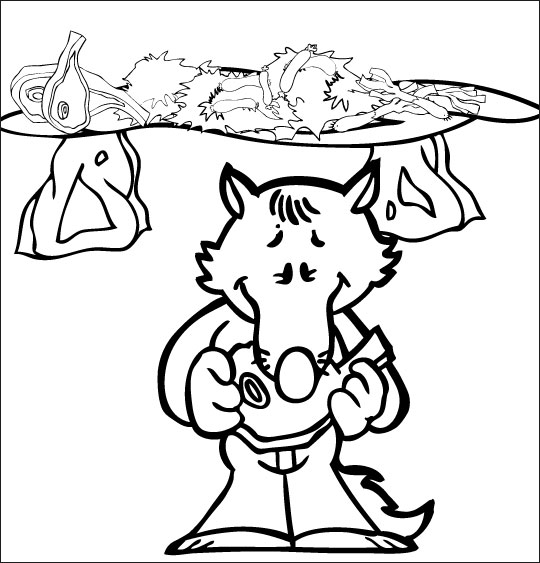 Coloriage pour enfants. Coloriage Le Loup Sympa, petit loup mange de la viande, thème Viande