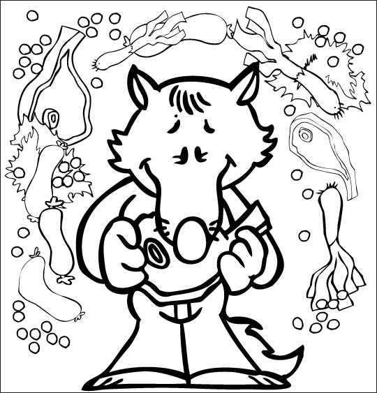 Coloriage pour enfants. Coloriage Le Loup Sympa, petit loup mange une côte de boeuf, thème Loups