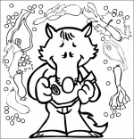 Coloriage Chanson Le Loup Sympa, petit loup mange une côte de boeuf