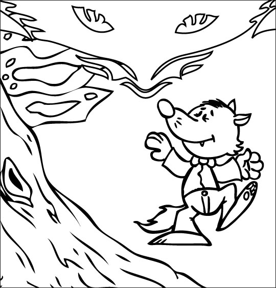 Coloriage pour enfants. Coloriage Le Loup Sympa, petit loup n'a pas peur, thème Arbres