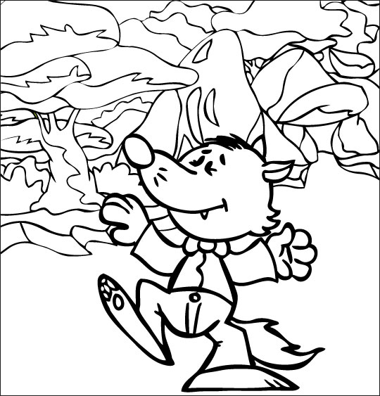 Coloriage pour enfants. Coloriage Le Loup Sympa, petit loup qui danse, thème Loups