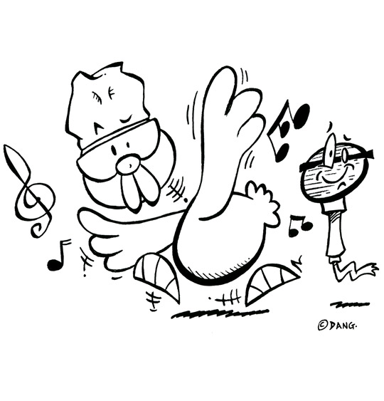 Coloriage pour enfants. Coloriage Le Rap du Poulailler, Le Rap du Poulailler, une poule qui danse, thème Instruments de musique